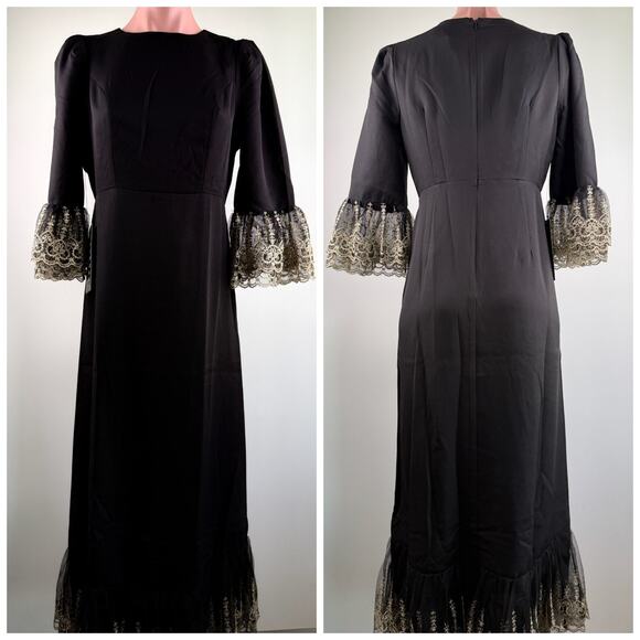 Tuckernuck Pomander Place Gold Embroidered Hem Lillith Black Dress  Size XL - Picture 2 of 11